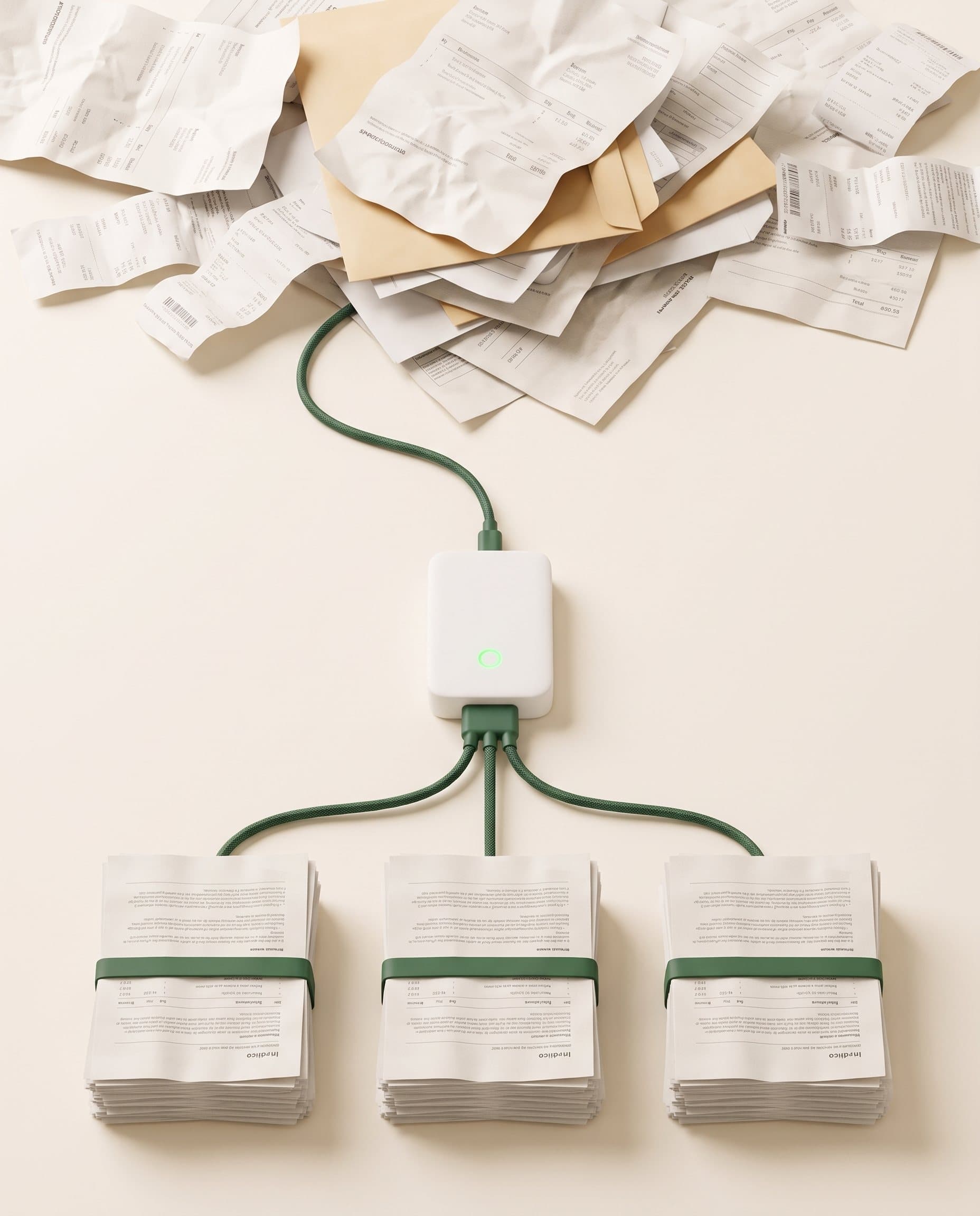 Des documents en désordre passent par un petit boîtier blanc à lumière verte et ressortent rangés en trois piles nettes
