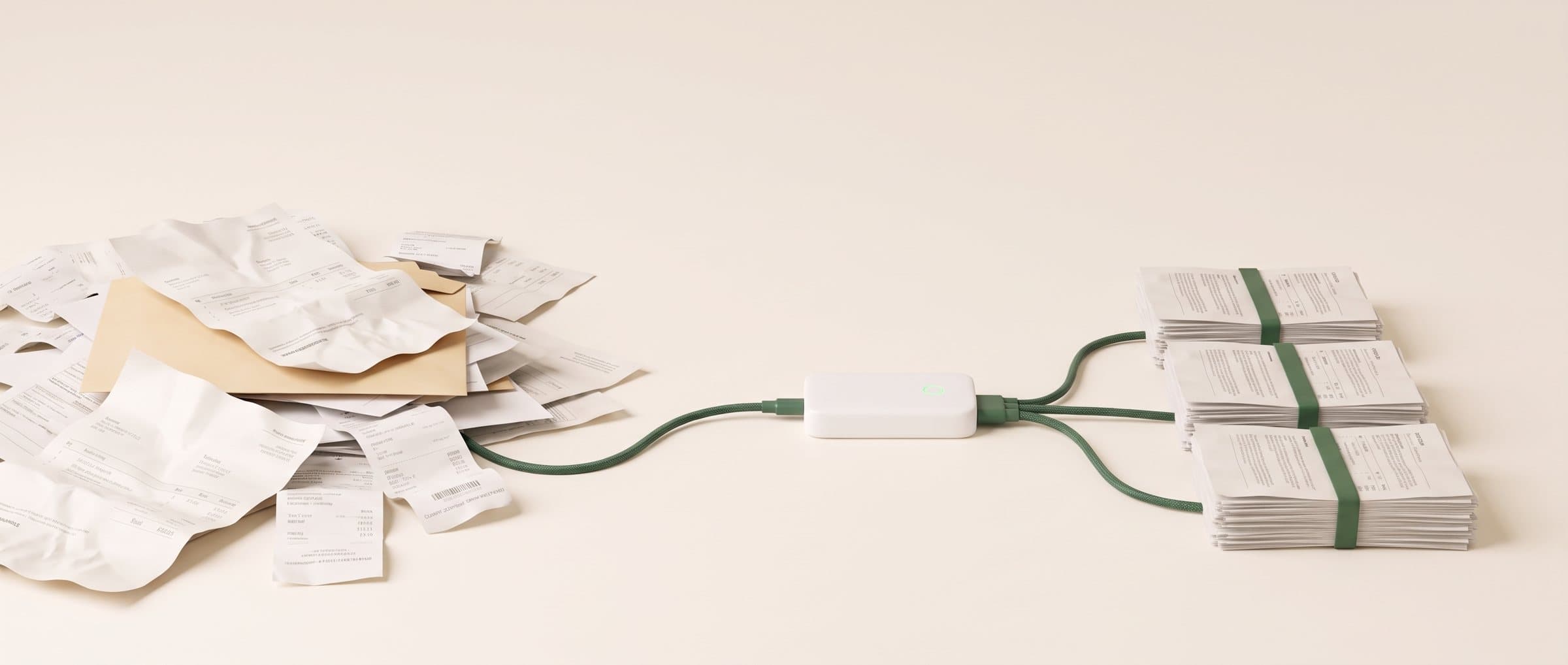 Des documents en désordre passent par un boîtier blanc à lumière verte et ressortent en trois piles nettes