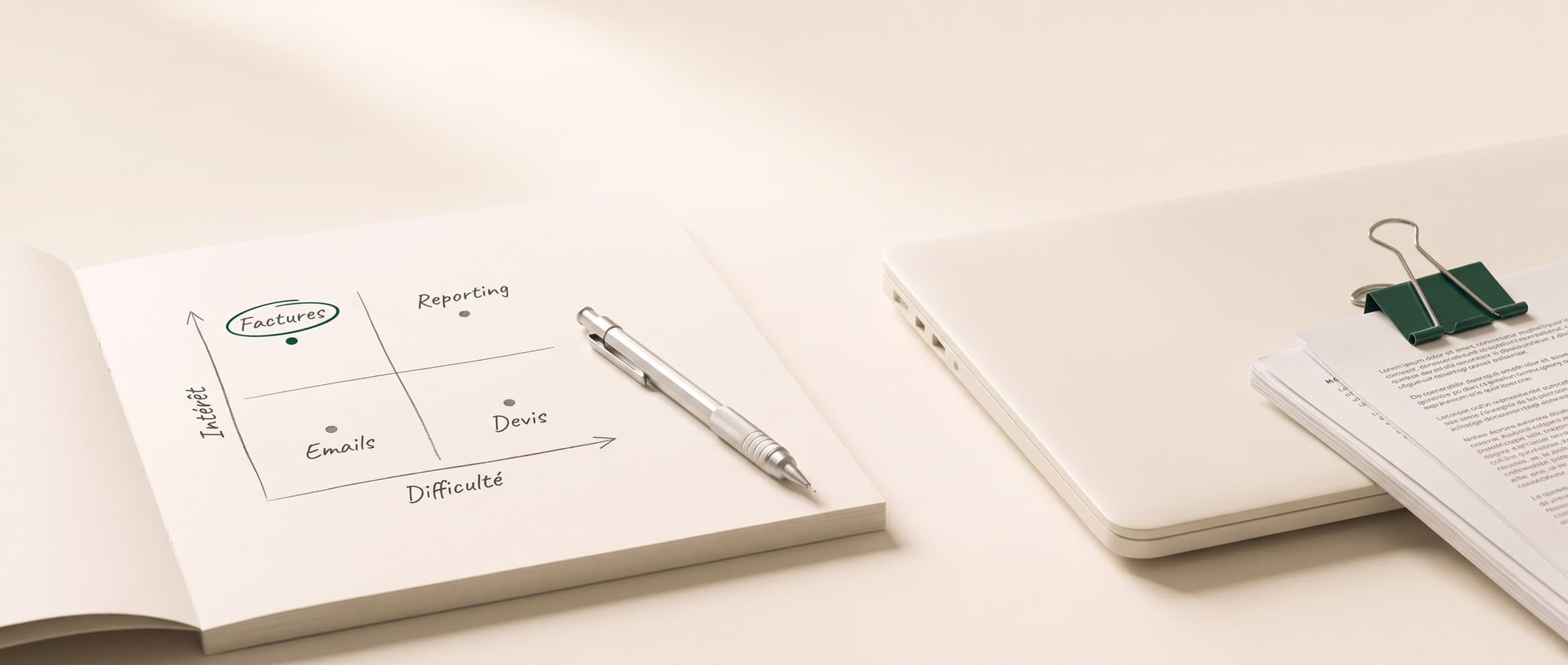 Carnet ouvert sur une matrice dessinée au crayon, intérêt et difficulté, où le projet factures est entouré en vert