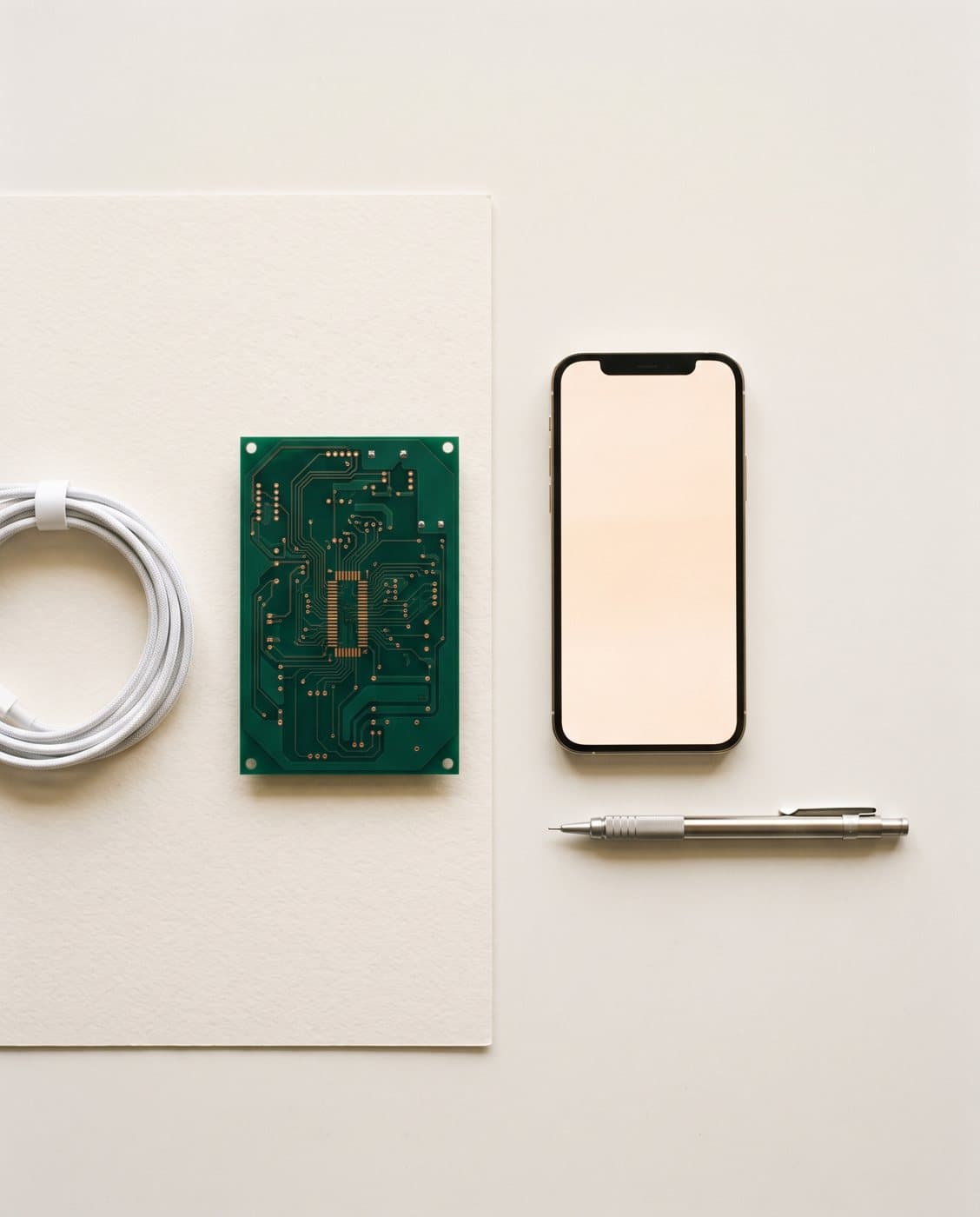 Carte électronique verte, téléphone, câble et porte-mine alignés sur du papier ivoire